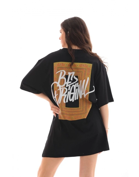 Bisiklet Yaka Baskılı Oversize T-Shirt - Siyah -