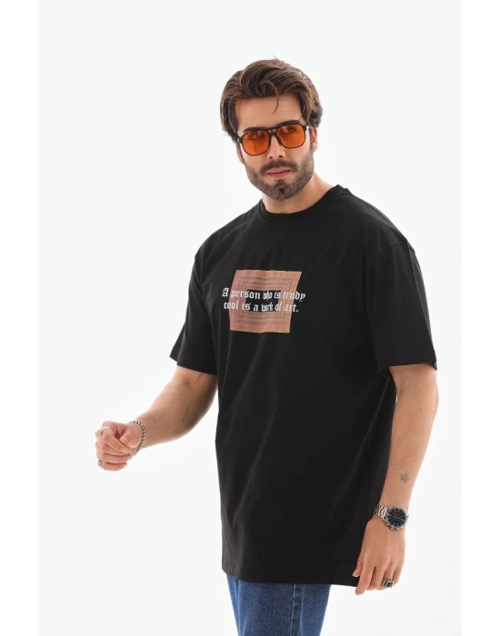 Bisiklet Yaka Baskılı Oversize T-Shirt - Siyah -