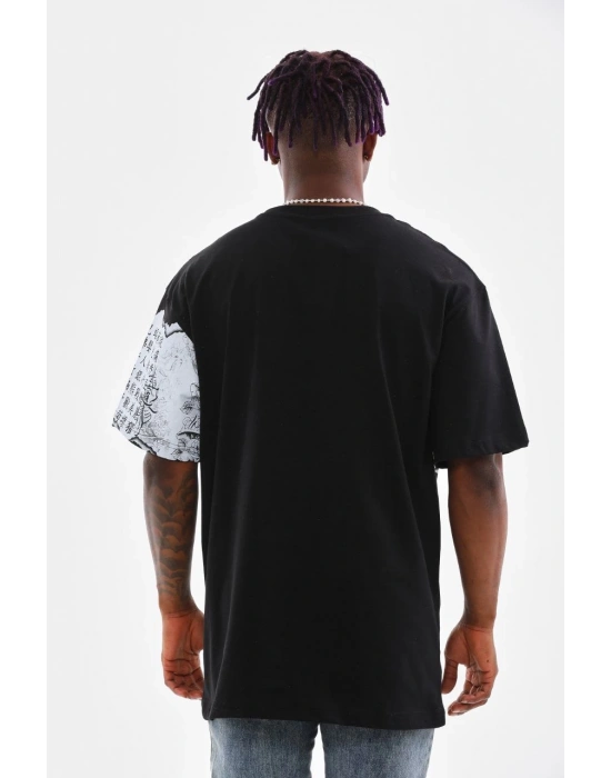 Bisiklet Yaka Baskılı Oversize T-Shirt - Siyah -