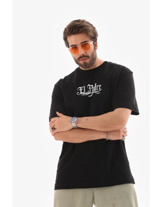 Bisiklet Yaka Baskılı Oversize T-Shirt - Siyah -