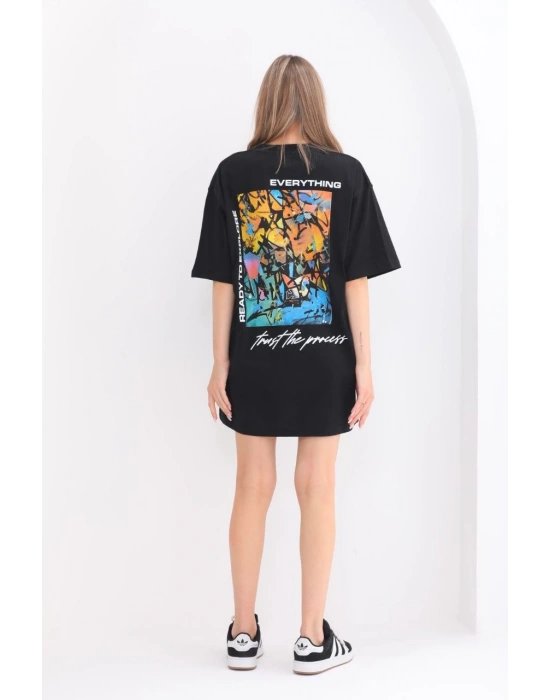 Bisiklet Yaka Baskılı Oversize T-Shirt - Siyah -