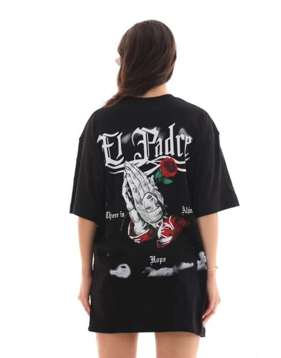 Bisiklet Yaka Baskılı Oversize T-Shirt - Siyah -