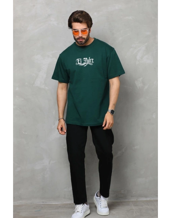 Bisiklet Yaka Baskılı Oversize T-Shirt - Yeşil -