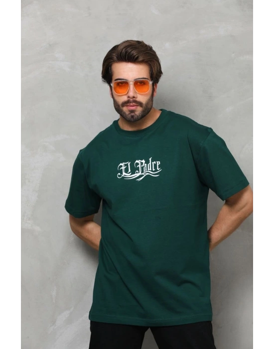 Bisiklet Yaka Baskılı Oversize T-Shirt - Yeşil -