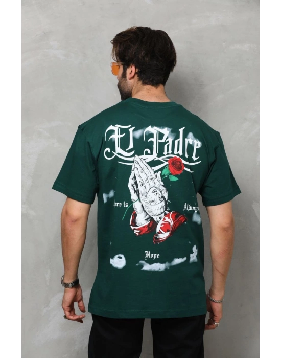 Bisiklet Yaka Baskılı Oversize T-Shirt - Yeşil -