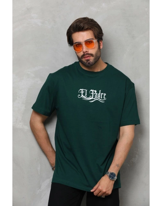 Bisiklet Yaka Baskılı Oversize T-Shirt - Yeşil -