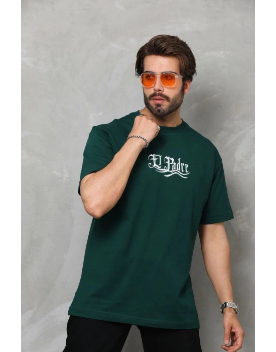 Bisiklet Yaka Baskılı Oversize T-Shirt - Yeşil -