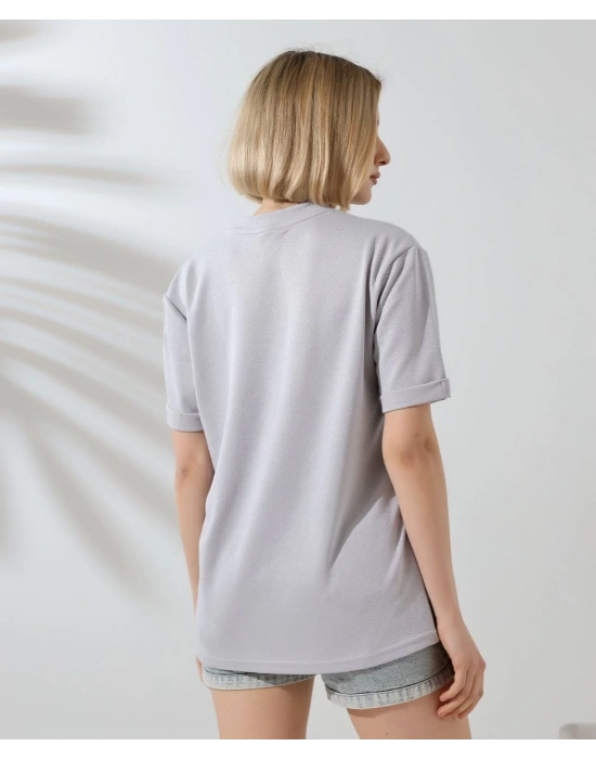 Bisiklet Yaka Baskılı Slim Fit T-Shirt - Boyalı Gri -