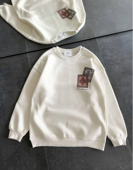 Bisiklet Yaka Baskılı SweatShirt - Beyaz -