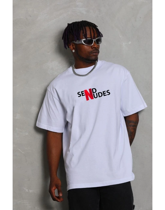 Bisiklet Yaka Double Oversize Baskılı T-Shirt - Beyaz -