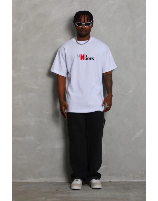 Bisiklet Yaka Double Oversize Baskılı T-Shirt - Beyaz -