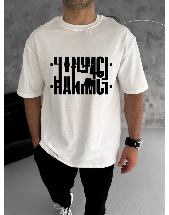 Bisiklet Yaka Katlanan Baskılı T-Shirt - Beyaz -