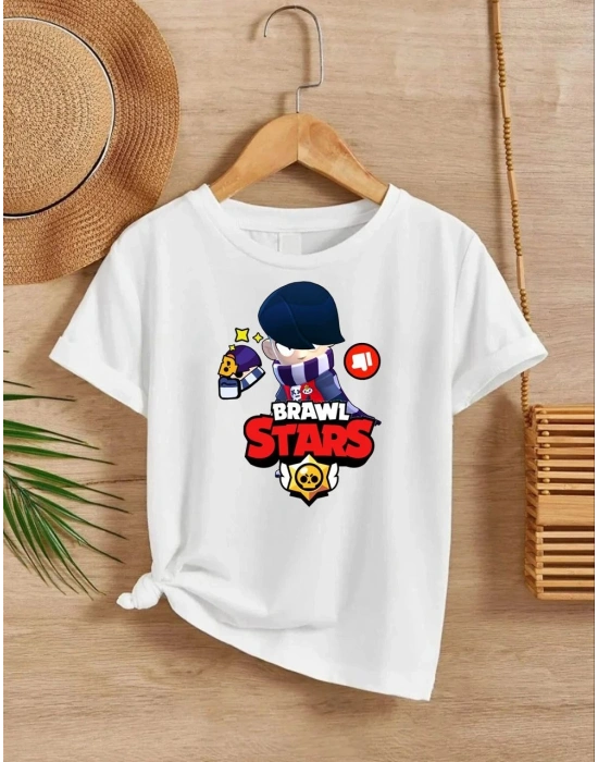 Bisiklet Yaka Kısa Kol Baskılı Çocuk T-Shirt - Beyaz
