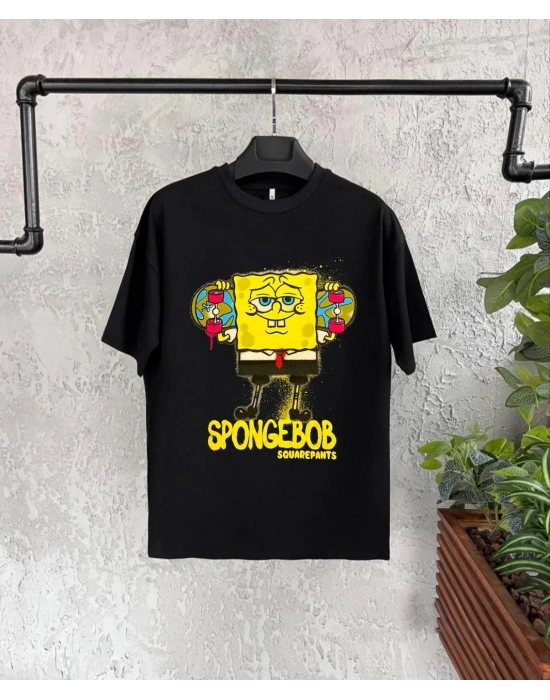 Bisiklet Yaka Kısa Kol   Baskılı T-Shirt - Siyah -