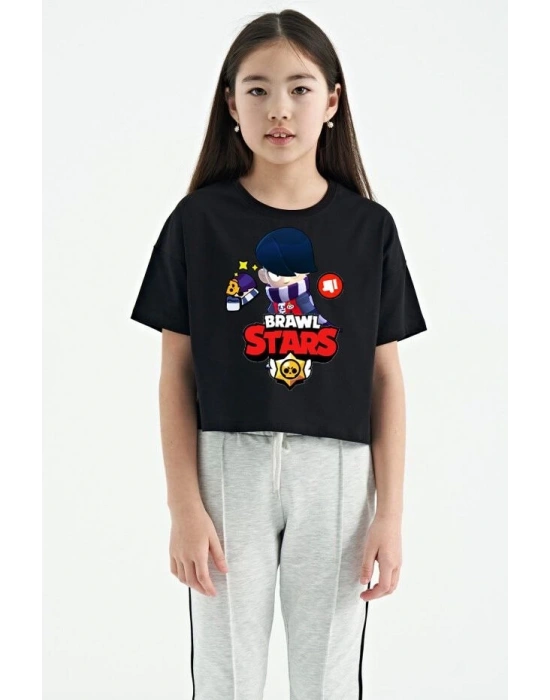 Bisiklet Yaka Kısa Kol Baskılı   T-Shirt - Siyah -