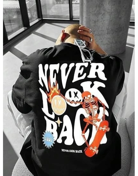 Bisiklet Yaka Kısa Kol Baskılı T-shirt - Siyah -