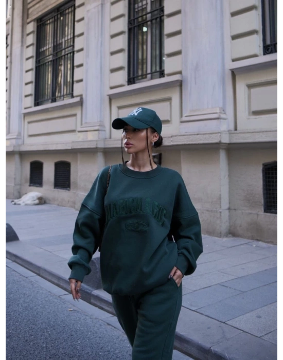 Bisiklet Yaka Nakış İşlemeli Üç İplik Sweat Takım - Yeşil -