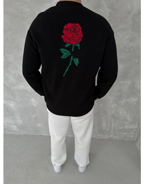 Bisiklet Yaka Ön Ve Arka Baskılı SweatShirt - Siyah -