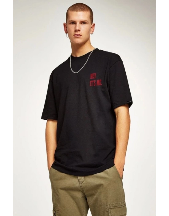 Bisiklet Yaka Oversize Baskılı T-Shirt - Siyah -