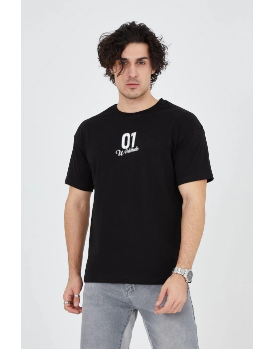 Bisiklet Yakalı Baskılı T-Shirt - Siyah