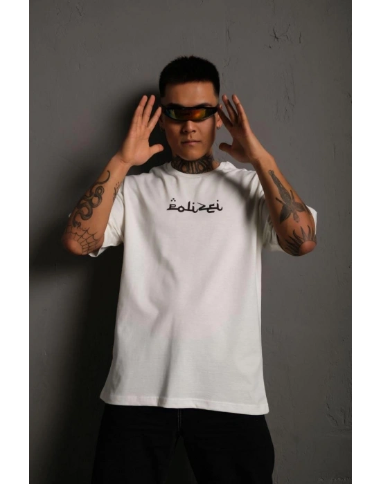 Bisiklet Yakalı Sırt Baskılı Oversize T-Shirt - Beyaz -