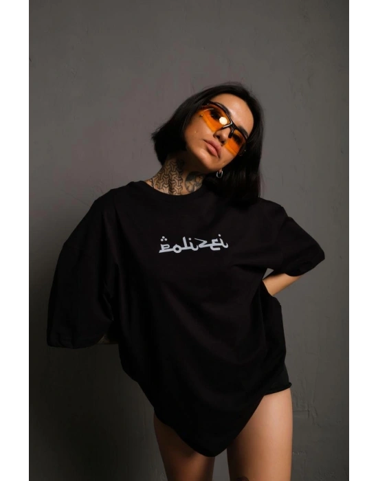 Bisiklet Yakalı Sırt Baskılı Oversize T-Shirt - Siyah -