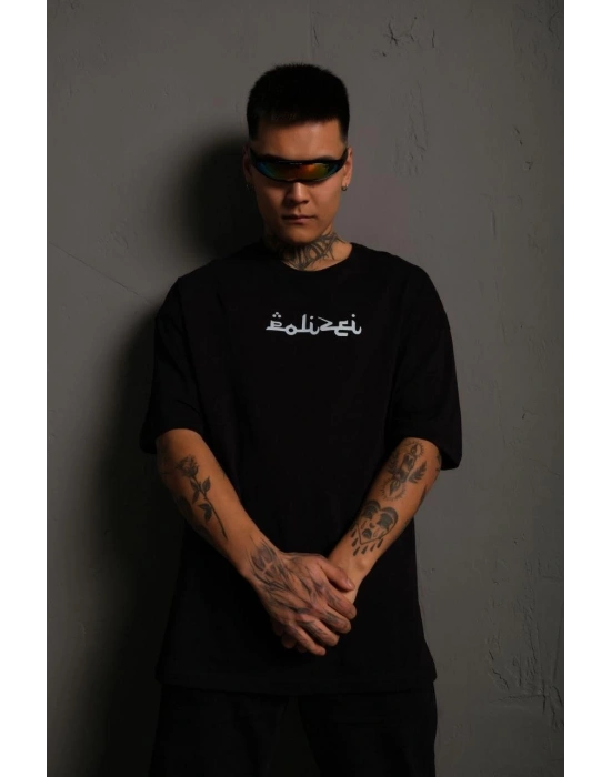 Bisiklet Yakalı Sırt Baskılı Oversize T-Shirt - Siyah -