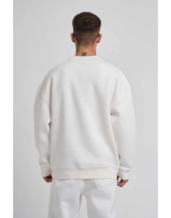 Biskilet Yaka Üç İplik SweatShirt - Beyaz -
