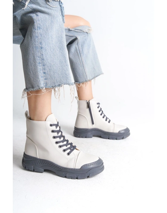 BLOOM Bağcıklı Fermuarlı Ortopedik Taban Kadın Bot  CGT - Krem