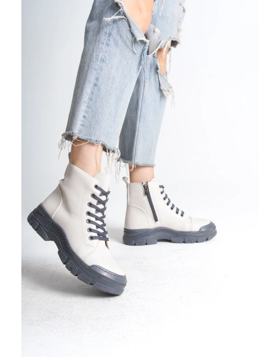 BLOOM Bağcıklı Fermuarlı Ortopedik Taban Kadın Bot  CGT - Krem