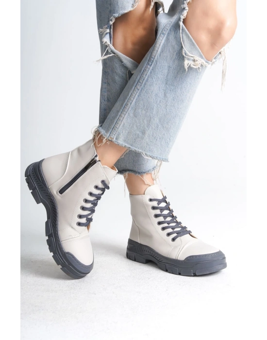 BLOOM Bağcıklı Fermuarlı Ortopedik Taban Kadın Bot  CGT - Krem