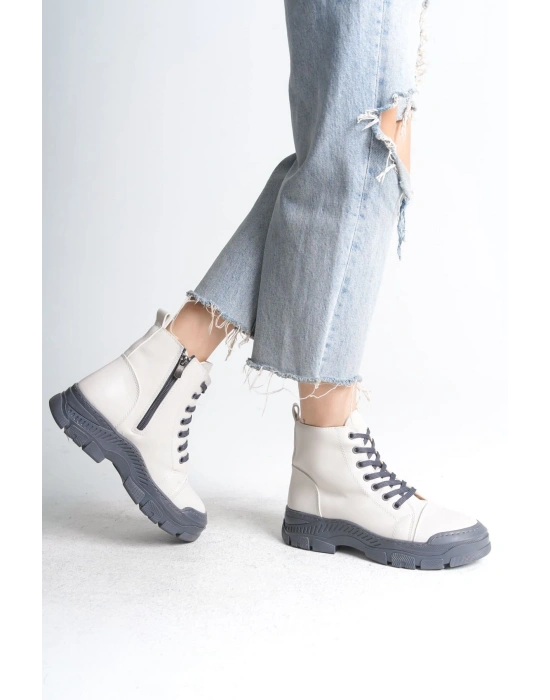 BLOOM Bağcıklı Fermuarlı Ortopedik Taban Kadın Bot  CGT - Krem