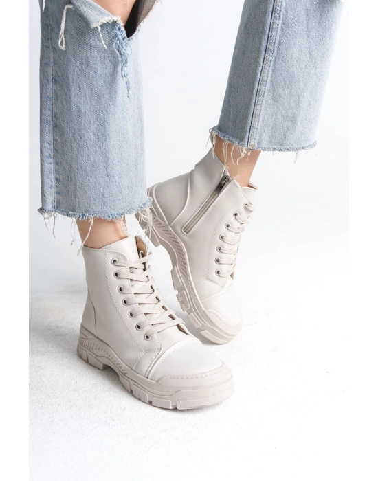 BLOOM Bağcıklı Fermuarlı Ortopedik Taban Kadın Bot  CKT - Krem