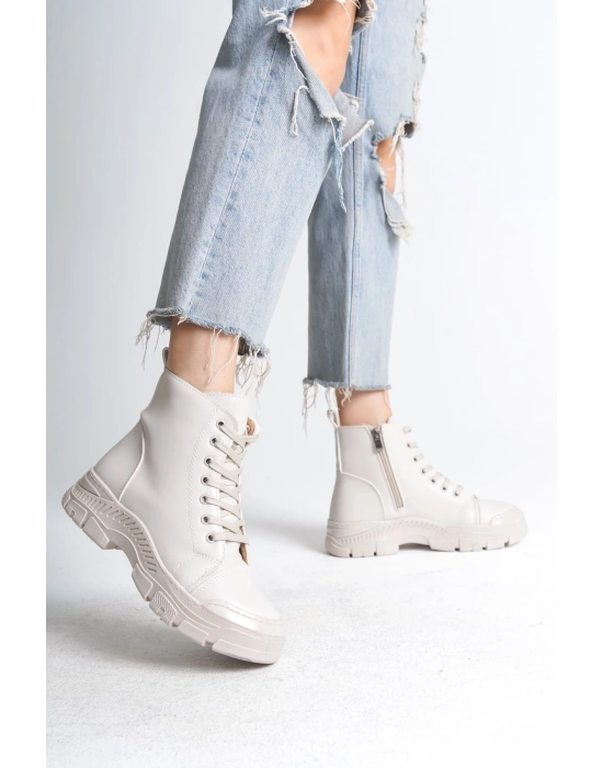 BLOOM Bağcıklı Fermuarlı Ortopedik Taban Kadın Bot  CKT - Krem