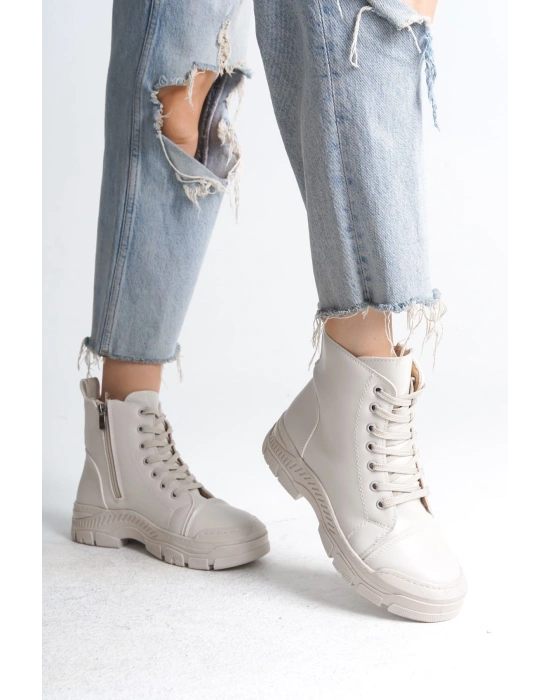 BLOOM Bağcıklı Fermuarlı Ortopedik Taban Kadın Bot  CKT - Krem