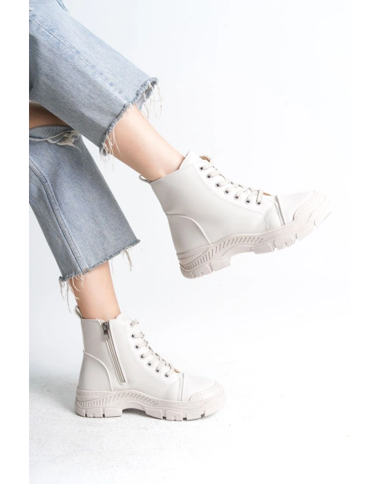 BLOOM Bağcıklı Fermuarlı Ortopedik Taban Kadın Bot  CKT - Krem