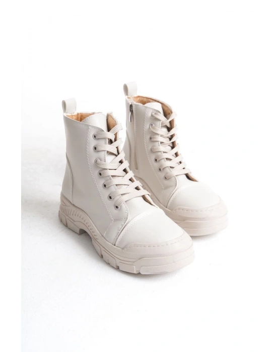 BLOOM Bağcıklı Fermuarlı Ortopedik Taban Kadın Bot  CKT - Krem