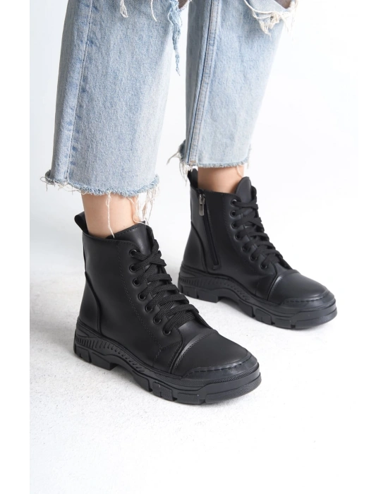 BLOOM Bağcıklı Fermuarlı Ortopedik Taban Kadın Bot CST - Siyah