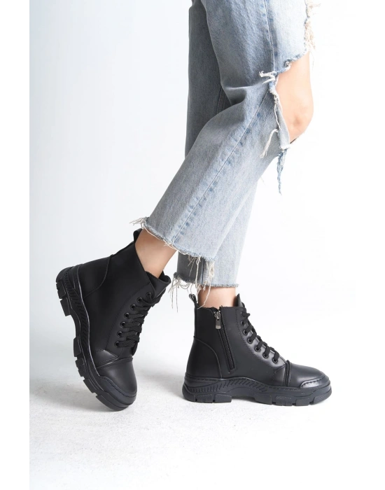 BLOOM Bağcıklı Fermuarlı Ortopedik Taban Kadın Bot CST - Siyah
