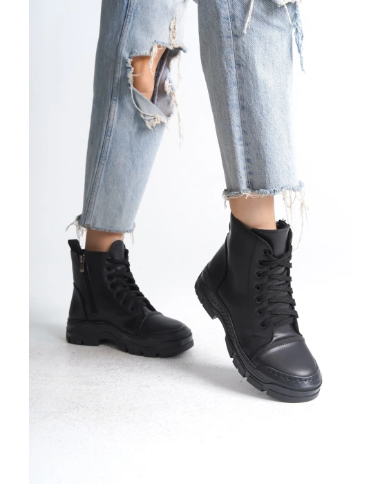 BLOOM Bağcıklı Fermuarlı Ortopedik Taban Kadın Bot CST - Siyah