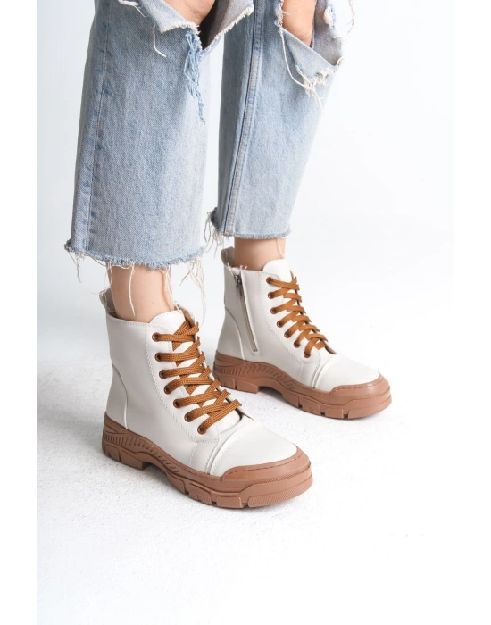 BLOOM Bağcıklı Fermuarlı Ortopedik Taban Kadın Bot  CTT - Krem