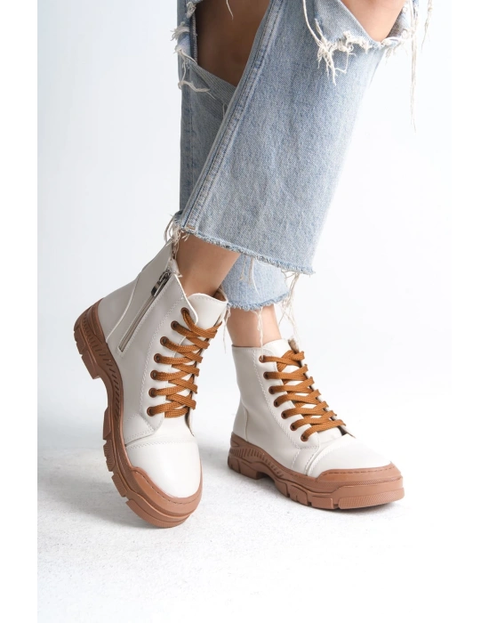 BLOOM Bağcıklı Fermuarlı Ortopedik Taban Kadın Bot  CTT - Krem