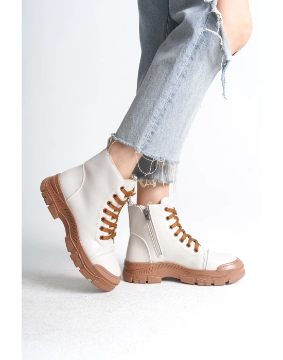 BLOOM Bağcıklı Fermuarlı Ortopedik Taban Kadın Bot  CTT - Krem