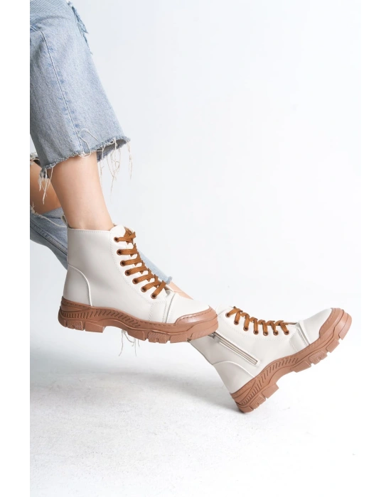 BLOOM Bağcıklı Fermuarlı Ortopedik Taban Kadın Bot  CTT - Krem