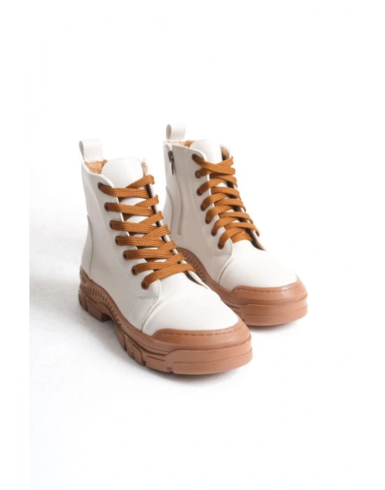 BLOOM Bağcıklı Fermuarlı Ortopedik Taban Kadın Bot  CTT - Krem