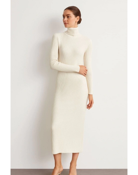 Boğazlı Triko Elbise - Beyaz -
