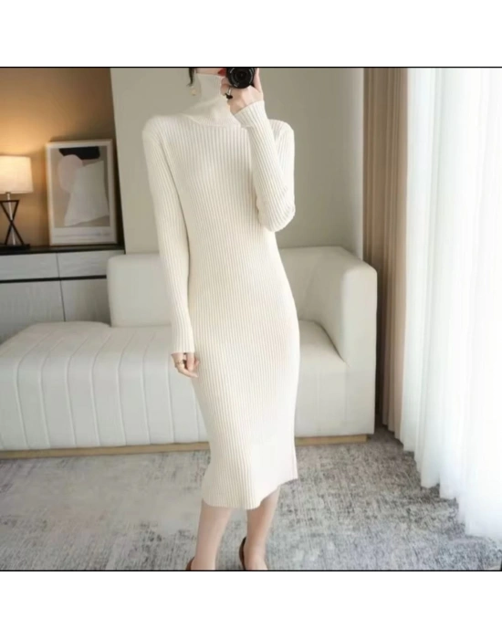 Boğazlı Uzun Fitilli Triko Dokuma Elbise - Beyaz