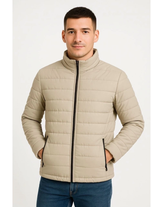 Bomber Mont Ceket – Su İtici Kumaş, Kapitone Astarlı, Fermuarlı, Kışlık - Bej -