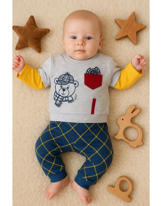 Cep Bear Nakışlı % 100 Pamuklu 2li Erkek Takım