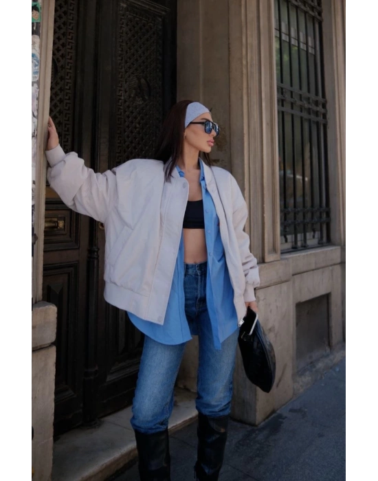 Cepli Bomber Ceket Mont - Beyaz -